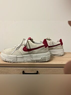 Nike Low-Top Suede Sneakers in Cream with Red Swoosh